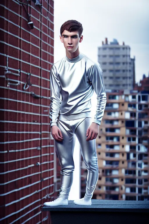 Image similar to un ultra high definition studio quality photographic art portrait of a young man standing on the rooftop of a british apartment building wearing soft padded silver pearlescent clothing. three point light. extremely detailed. golden ratio, ray tracing, volumetric light, shallow depth of field. set dressed.