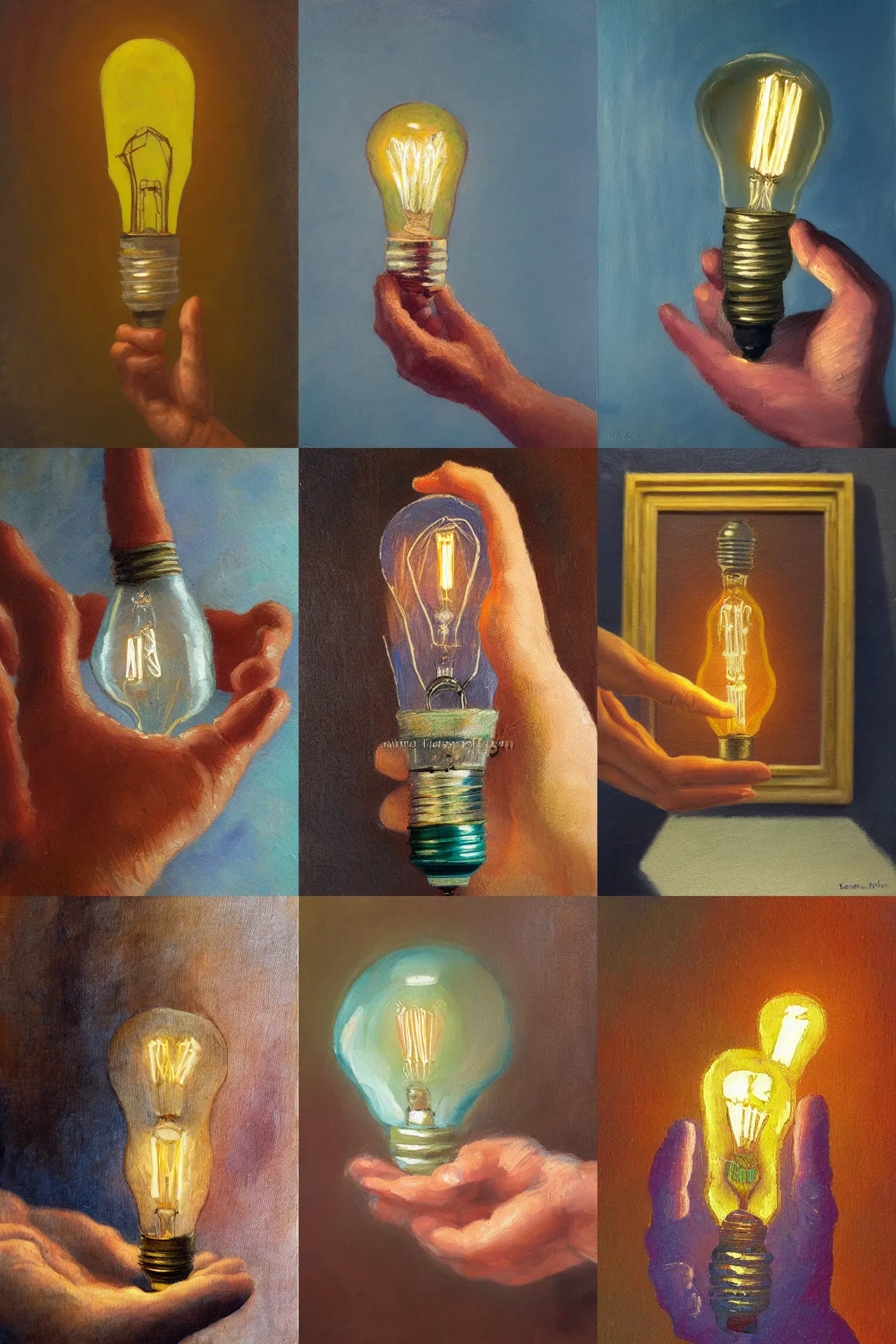 Prompt: An impressionist oil painting of a hand holding a broken light bulb