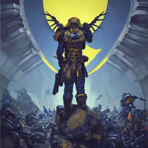 Image similar to a full body shot from distance from behind of a super soldier with a yellow and blue flag standing on a huge pile of skulls in triumph after battle, western, D&D, fantasy, intricate, elegant, highly detailed, digital painting, artstation, concept art, matte, sharp focus, symmetrical, illustration, art by Artgerm and Greg Rutkowski and Alphonse Mucha