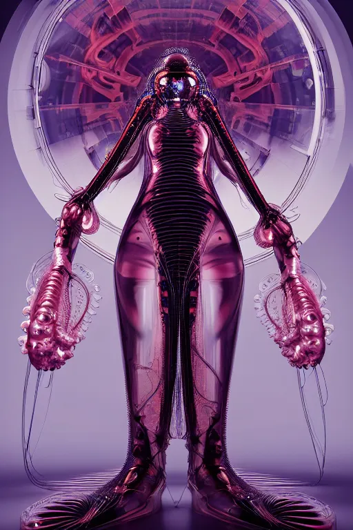 Image similar to background space station, red baroque inflateble dress iris van herpen positing on floor, helmet instead of a head, perfect symmetrical, full body shot, inflateble shapes, wires, tubes, veins, jellyfish, white biomechanical details, wearing epic bionic implants, masterpiece, intricate, biopunk, vogue, highly detailed, artstation, concept art