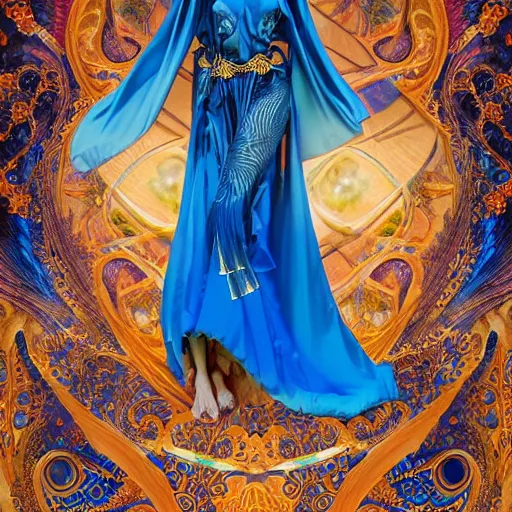 Image similar to a beautiful woman wearing a blue kaftan made of silk with golden ornaments by alex gray and android jones , Karol Bak, Ayami Kojima, Amano , concept art, character design, fantasy,3D, 8k resolution