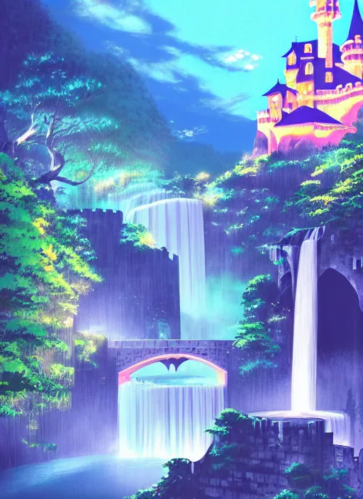 Image similar to magical castle, waterfall, river, nighttime, scenery wallpaper aesthetic, pastel colors, anime style, perspective view, beautiful, cinematic, dramatic, super detailed and intricate, hyper realistic, by satoshi kon, by koson ohara, by darwyn cooke