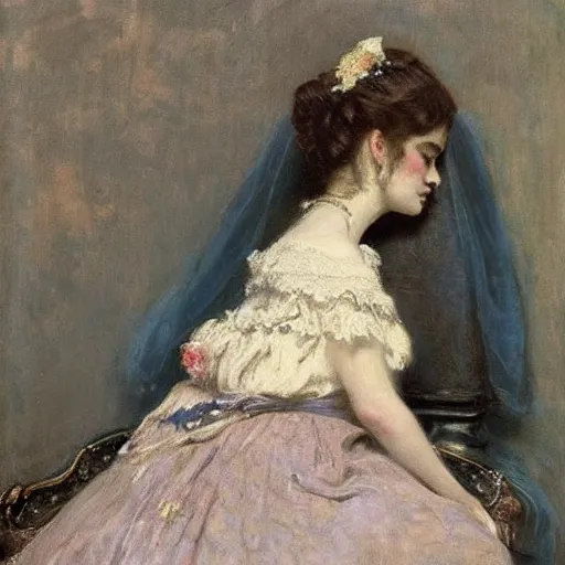 Prompt: victorian girl in ball gown sleeping, painting by alfred stevens