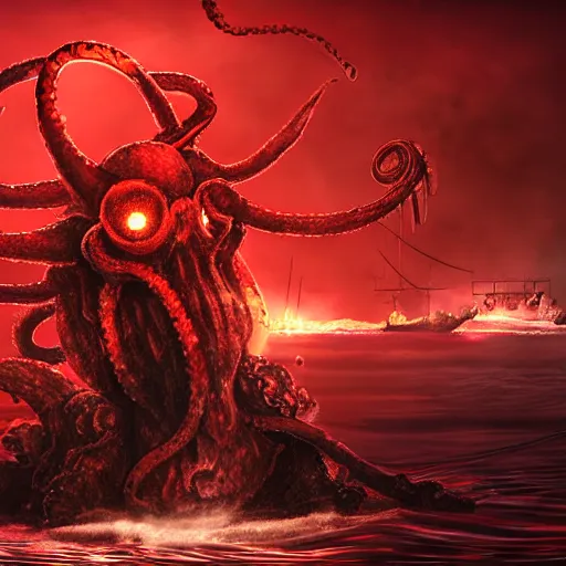 Image similar to a demonic kraken with glowing red eyes eating a battle ship