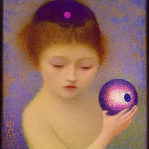 Image similar to a girl with three eyes on 5 translucent luminous spheres, full of floral and berry fillings, in an ocean of lavender color by odilon redon