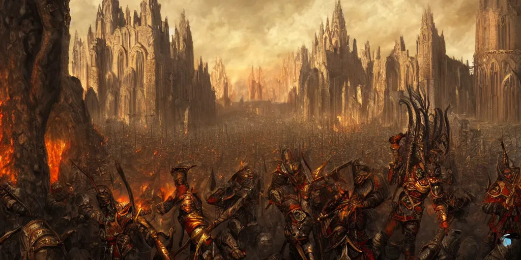 Image similar to highly detailed portrait painting of an ancient elves on hell horses war battle, abbey warhammer battle, old abbey in the background, carhedrals, giant columns, by eddie mendoza and liang xing, 8 k resolution