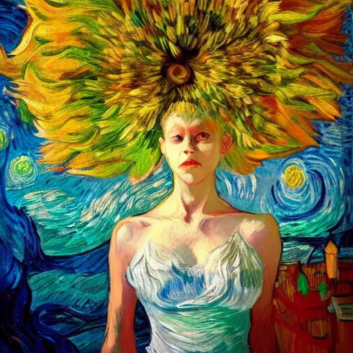 Image similar to giant flower head, woman in a luxury apartment, surreal photography, dramatic light, impressionist painting, digital painting, artstation, van gogh