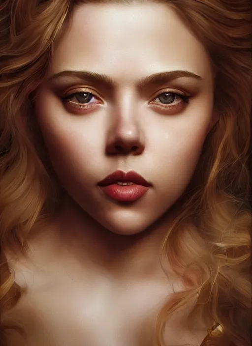 Image similar to a portrait of scarlett johannson, big eyes, plump lips, detailed faces, beautiful, rich deep colours masterpiece, golden hour, sharp focus, ultra detailed, by leesha hannigan, ross tran, thierry doizon, kai carpenter, ignacio fernandez rios