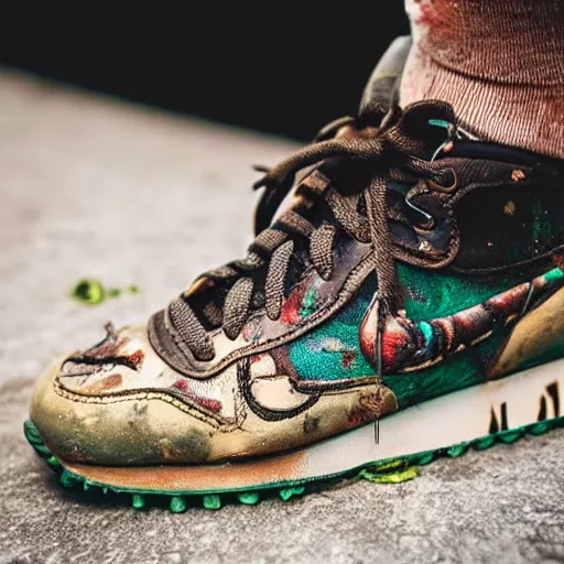 Prompt: a pair of extremely dirty rotten nike sneakers with worms and beetles on them