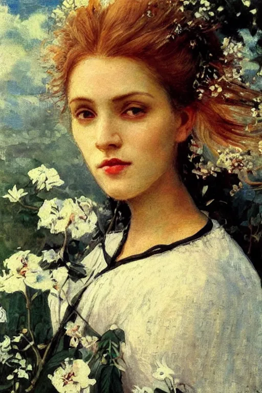 Image similar to close - up fashion black woman portrait airy flowers cloudy sky art by vasnetsov