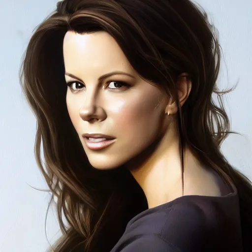 Image similar to closeup portrait of a kate beckinsale as a software engineer, she is a nerd, seductive smile, chiaroscuro, computer geek, golden hour, dramatic lighting, complementary contrast, high detail, painted by greg rutkowski, painted by igor kieryluk, trending on artstation
