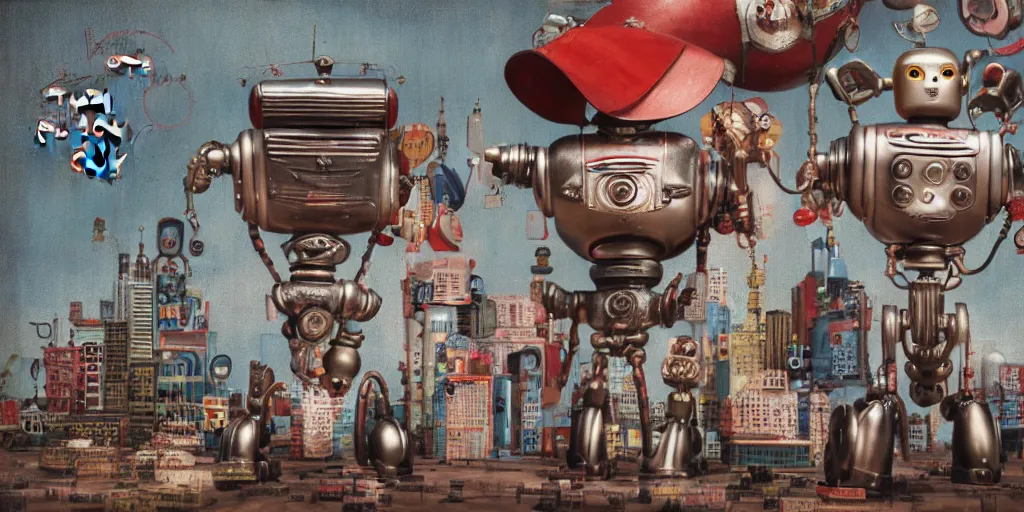 Image similar to closeup portrait of tin toy retro robot city diorama, depth of field, f 3 2, zeiss lens, detailed, centered, fashion photoshoot, by nicoletta ceccoli, mark ryden, lostfish, breathtaking, 8 k resolution, extremely detailed, beautiful, establishing shot, artistic, hyperrealistic, octane render, - h 8 0 4