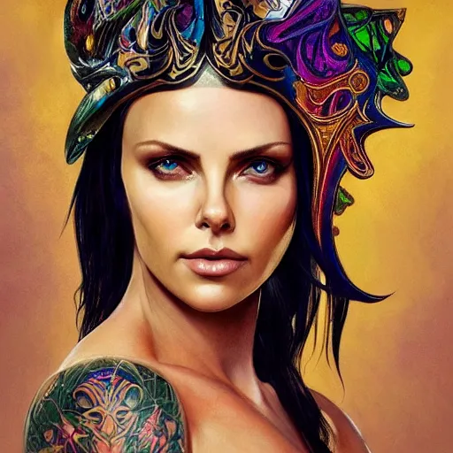 Image similar to an attractive young tattooed female with piercings wearing an rainbow ornate metallic helmet, charlize theron, olive skin, long dark hair, beautiful bone structure, intricate, elegant, highly detailed, digital painting, artstation, concept art, smooth, sharp focus, illustration, art by artgerm and greg rutkowski and alphonse mucha