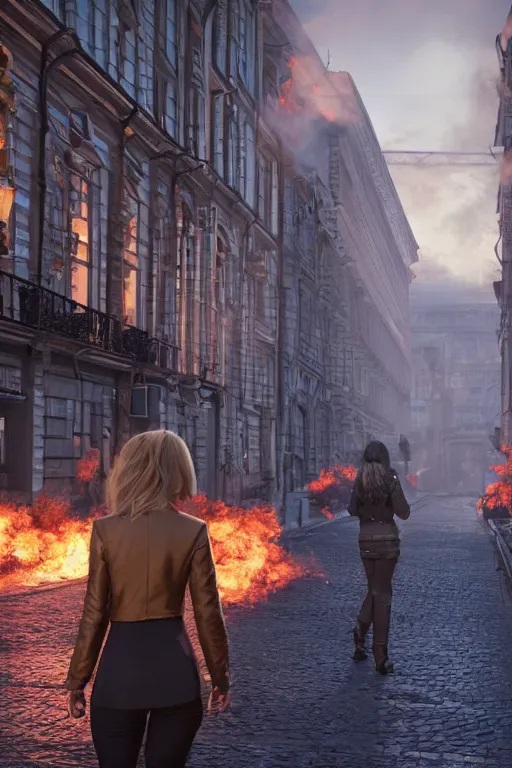 Prompt: in the foreground a street in Saint Petersburg, in the background a blonde woman from the back completely on fire wearing a long matrix-style jacket, realistic, high definition, many details, dramatic scene, detailed and realistic hands, symmetrical face, realistic eyes , art of unreal engine 5