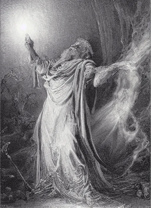 Image similar to a mage casting a frost spell by frederick morgan and gustave dore and delphin enjolras