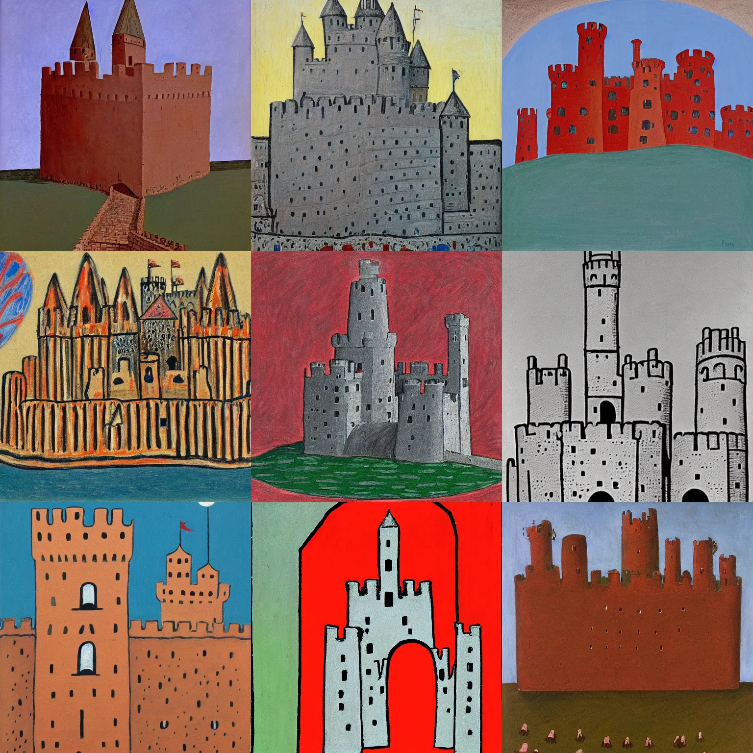 Prompt: medieval castle, by philip guston