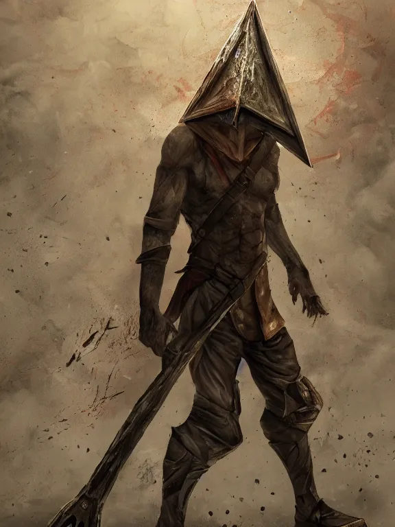 Prompt: Pyramid Head from Silent Hill on a fighting stance, splash art, riot games, mixed media, digital art, trending on artstation, 8k, epic composition, highly detailed, AAA graphics