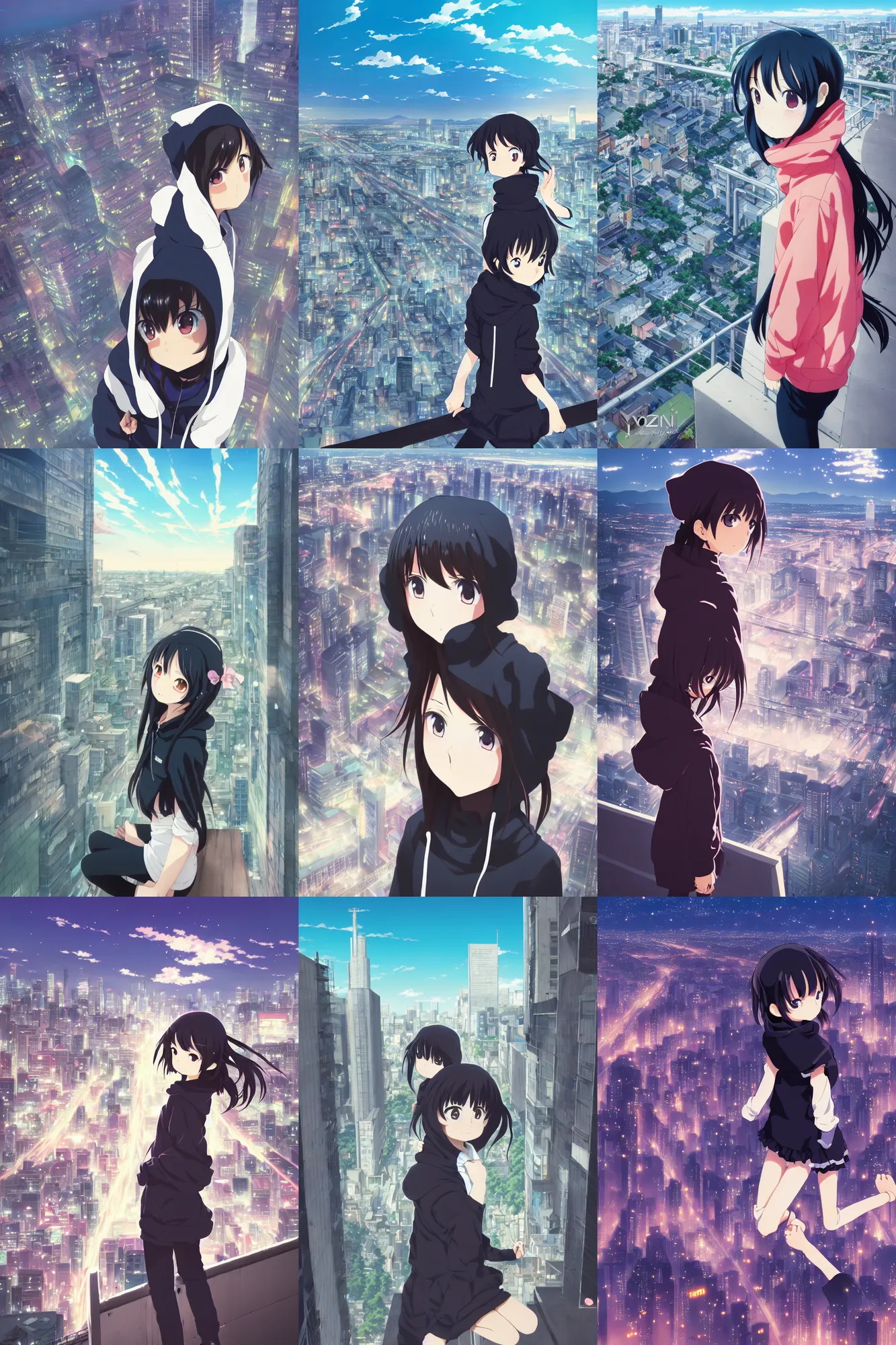 Prompt: anime visual, portrait of a young black haired girl wearing hoodie sightseeing above the urban city, guardrail, cute face by yoh yoshinari, katsura masakazu, dramatic lighting, dynamic pose, dynamic perspective, strong silhouette, ilya kuvshinov, anime cels, 1 8 mm lens, fstop of 8, rounded eyes, moody, detailed