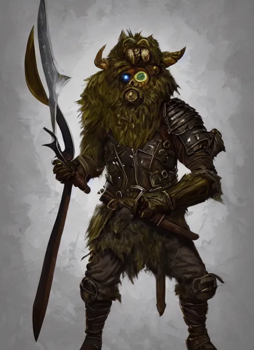 Prompt: photorealistic bugbear ranger holding sword on fire, magic, black beard, dungeons and dragons, pathfinder, roleplaying game art, hunters gear, jeweled ornate leather and steel armour, concept art, character design on white background, by sargent, norman rockwell, makoto shinkai, kim jung giu, artstation trending, poster art, colours red and green