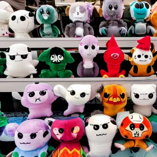 Prompt: haunting plushies being sold at an amusement park, devilish, nightmare fuel, scary, cursed, evil, dark