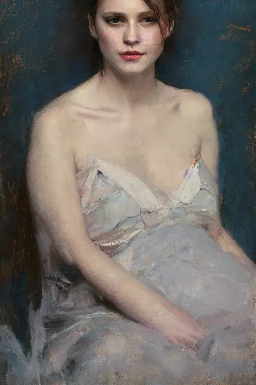 Image similar to Richard Schmid and Jeremy Lipking full length portrait painting of a young beautiful woman