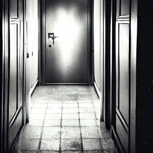 Image similar to foreboding door at the end of a dark hotel hallway, creepy, eerie, surreal, liminal,