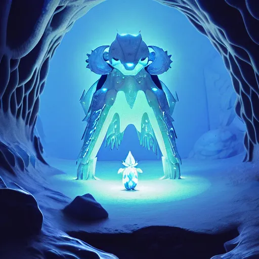 Image similar to ( ice pokemon ) creature creature in a alaska cave, bioluminescent bioluminescent translucent translucent : : by michal karcz, daniel merriam, victo ngai and guillermo del toro : : ornate, dynamic, particulate, intricate, elegant, highly detailed, centered, artstation, smooth, sharp focus, octane render, 3 d