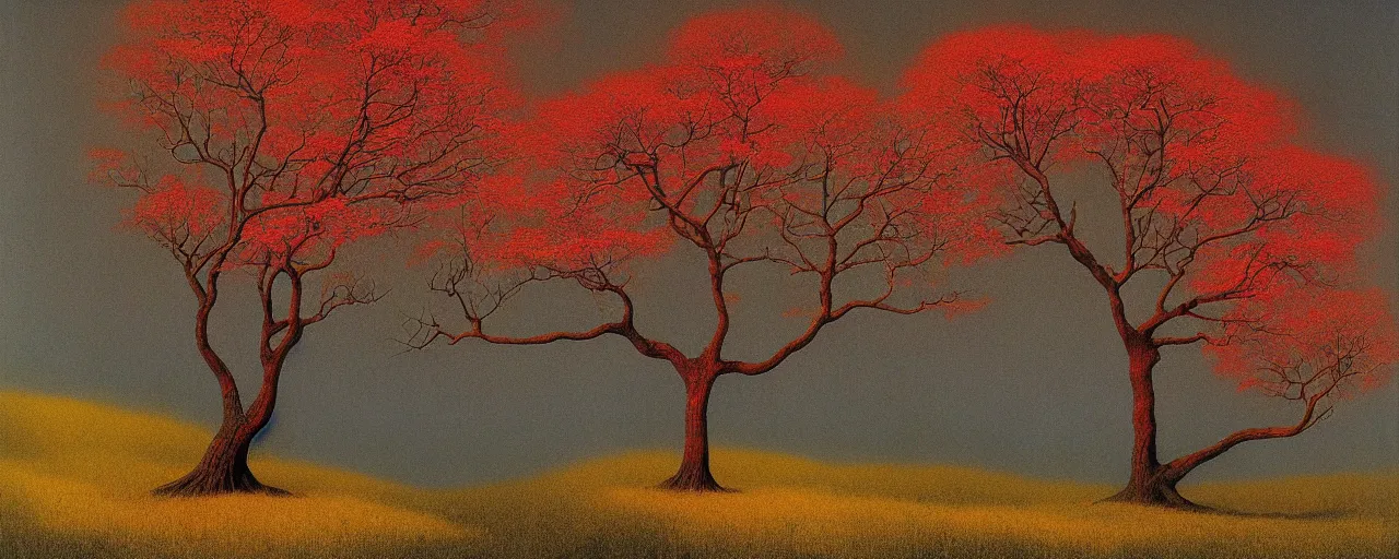 Prompt: mystic tree with red and yellow leaves made by zdzisław beksinski