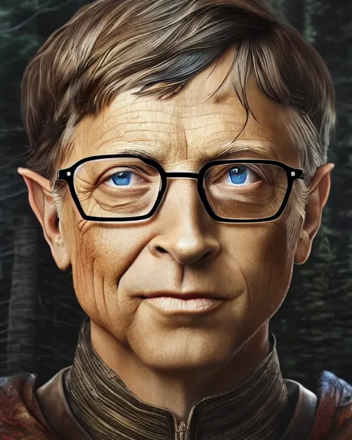 Prompt: Bill Gates as an elven warrior in a mysterious forest, highly detailed face, realistic face, beautiful detailed eyes, fantasy art, in the style of artgerm, illustration, epic, fantasy, intricate, hyper detailed, artstation, concept art, smooth, sharp focus, ray tracing, vibrant, photorealistic