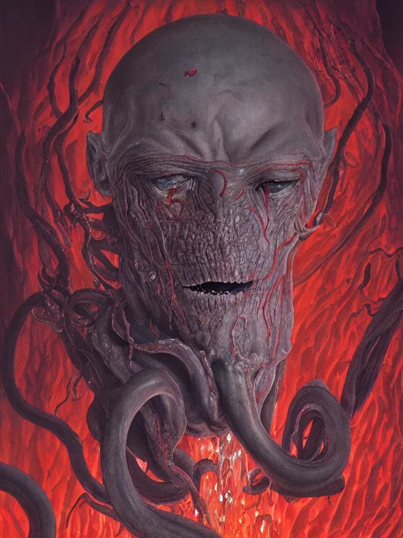 Image similar to wayne barlowe painting of a flying sorrowful looking severed human head with tears running down it's eyes, face that is chalk white in color, with long white tentacles stemming from it's neck, fiery scorching red eyes, background sprawling terrifying hellish cave with lava flowing through it's walls, 4 k