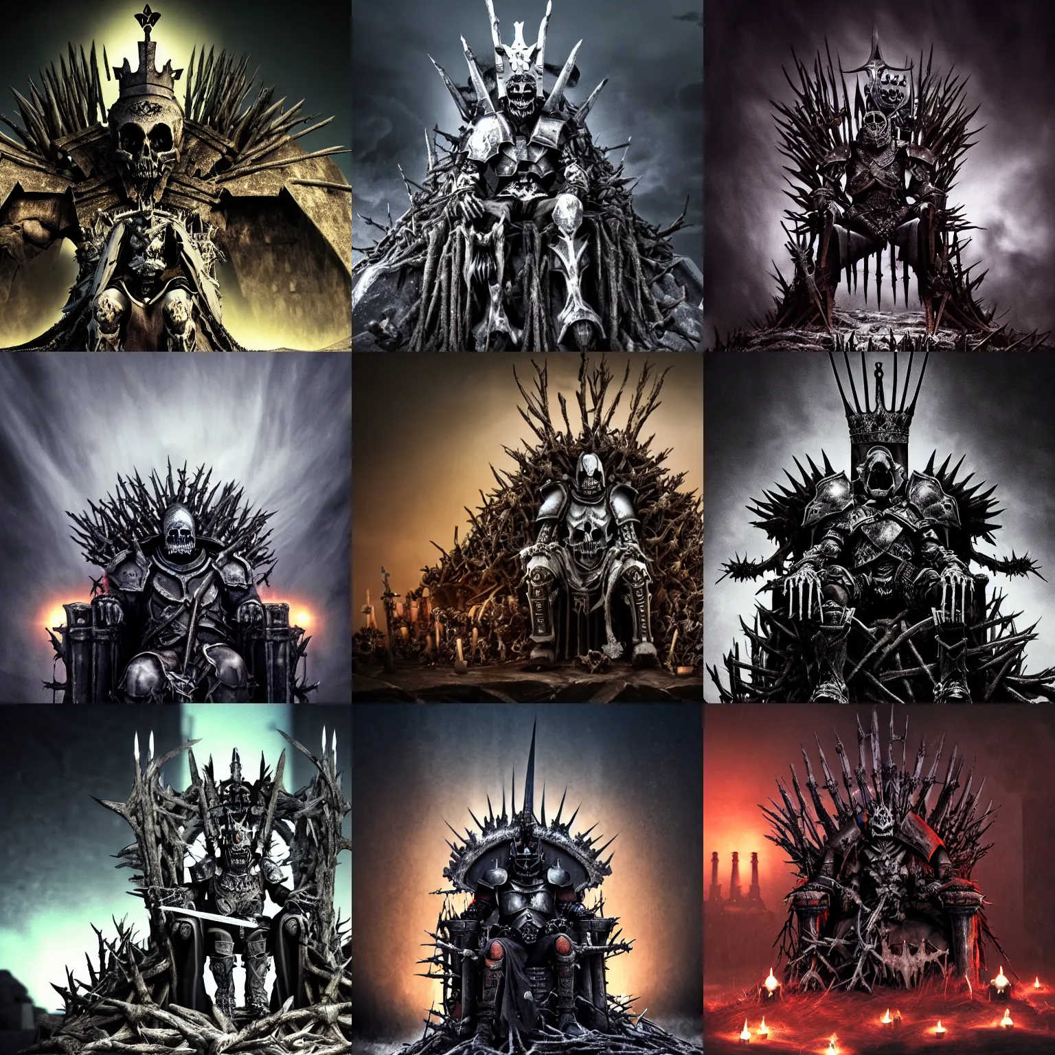 Prompt: photorealistic image of a death-knight king wearing a crown of bones seated atop a throne of thorns 4k cinematic dark atmosphere wide angle