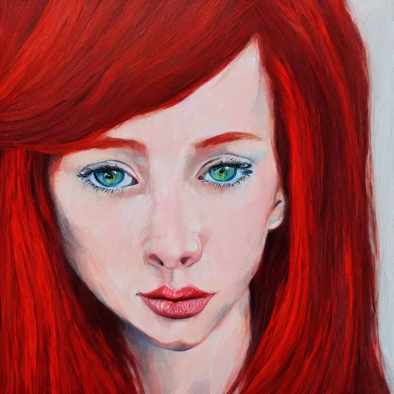 Prompt: front portrait of a red-haired girl. Intricately detailed acrylic painting