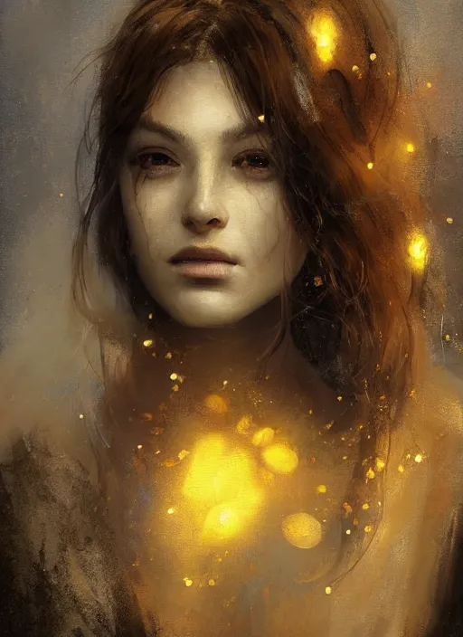 Prompt: golden leaves at frame border, creative composition for a book cover, moon shine, beautiful portrait painting by jeremy mann, a female witch absurdly beautiful, ultrafine hyperrealistic detailed face by wlop and artgerm and greg rutkowski, intricate linework, sharp focus, smooth, octopath traveler, final fantasy, unreal engine, dramatic lighting, ethereal, 8 k