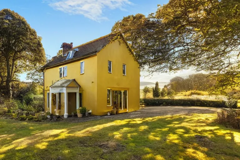 Image similar to an estate agent listing external photo of a golden 5 bedroom detached house, made of gold, metal, golden, sparkling, in the countryside, sunny day, clear skies, by Paul Lehr