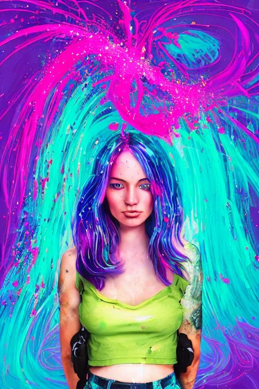 Image similar to a award winning half body portrait of a beautiful woman in a croptop and cargo pants with ombre purple pink teal hairstyle and hands in pockets by ari liloan, surrounded by whirling illuminated lines, paint splashes and splatter, outrun, vaporware, shaded flat illustration, digital art, trending on artstation, highly detailed, fine detail, intricate