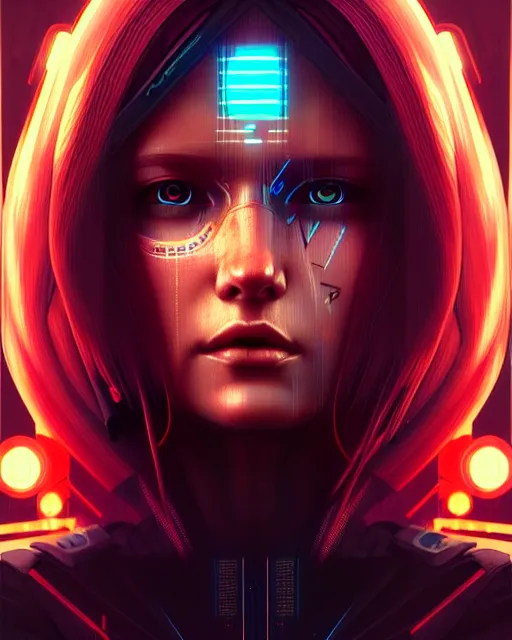 Image similar to cyberpunk synth, hyper - realistic portrait of a female hunter, dynamic wavy hair, symmetrical body, detailed designs, digital painting, 4 k, by ilya kuvshinov, by greg rutkowski, atmospheric lighting