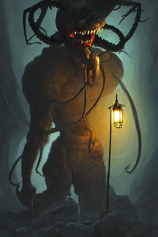 Prompt: an old - fashioned explorer with a lamp, in the dark tunnel of a monstrous spider, in the style of gerald brom, dramatic lighting, low angle, wide angle, fantasy art, highly detailed digital art