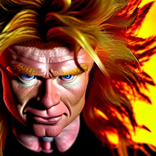 Image similar to uhd candid photo of hyperdetailed dave mustaine as a super saiyan. correct face, intricate costume, cinematic lighting, photo by annie leibowitz, and steve mccurry.