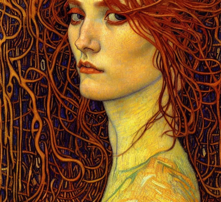 Image similar to detailed realistic beautiful young medieval queen face portrait by jean delville, gustav klimt and vincent van gogh, art nouveau, symbolist, visionary, gothic, pre - raphaelite, muted earthy colors, desaturated