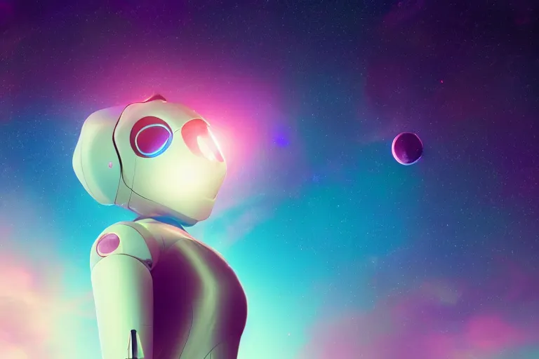 Image similar to a beautiful calm robot girl looking up to the stars, photograph, colorful background, render, 3 d, render, 8 k, 4 d,