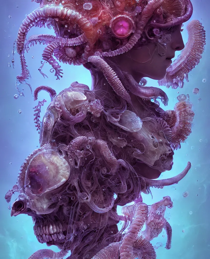 Image similar to goddess close-up portrait ram skull, thorax, x-ray, backbone, jellyfish phoenix head, nautilus, orchid, skull, betta fish, bioluminiscent creatures, intricate artwork by Tooth Wu and wlop and beeple. octane render, trending on artstation, greg rutkowski very coherent symmetrical artwork. cinematic, hyper realism, high detail, octane render, 8k