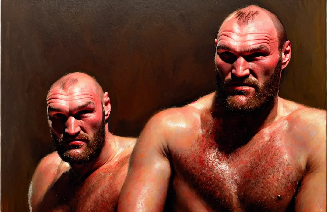 Image similar to portrait of tyson fury!!!!!!!!!!!!!!!!!!!!!!!!!!!, detailed face, detailed painting,, epic lighting, by ilya repin, phil hale and kent williams