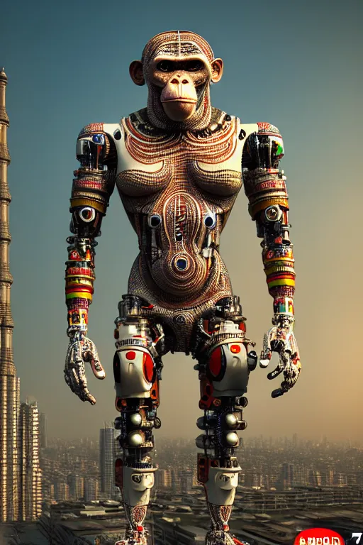 Image similar to high quality 3 d render cyborg! man monkey hybrid madhubani, highly detailed, cyberpunk!! mumbai in the background, unreal engine cinematic smooth, szukalski ravi varma, moody light, low angle, uhd 8 k, sharp focus