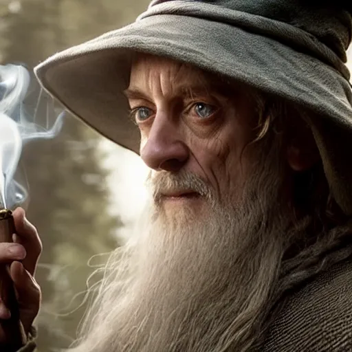 Image similar to A still of Elijah Wood as Gandalf in Lord of the Rings, portrait shot, dynamic lighting, smoking a pipe, 2022 picture of the year