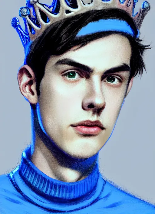 Image similar to portrait of teenage jughead jones wearing a light grey crown, crown, blue turtleneck, 1 9 5 0 s, closed eyes, photorealistic, black hair, glowing lighting, intricate, elegant, glowing lights, highly detailed, digital painting, artstation, concept art, smooth, sharp focus, illustration, art by wlop, mars ravelo and greg rutkowski