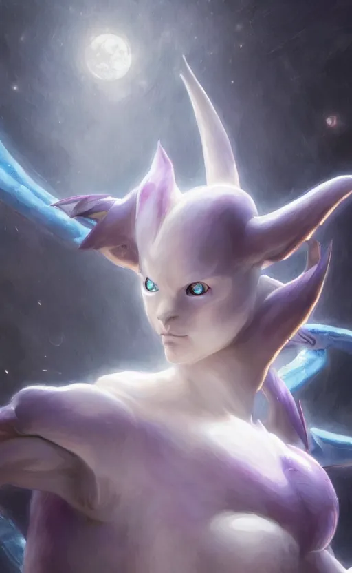 Image similar to a girl from final fantasy live action, cosplaying as mewtwo, evocative, mystical night, very very very very detailed, award winning, masterpiece digital painting by greg rutkowski, alex grey, artstation, 4 k wallpaper