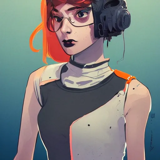 Image similar to Highly detailed portrait of a post-cyberpunk young lady with, freckles and cool hair by Atey Ghailan, by Loish, by Bryan Lee O'Malley, by Cliff Chiang, inspired by image comics, inspired by graphic novel cover art, inspired by nier, inspired by scott pilgrim !! Gradient orange, black and white color scheme ((grafitti tag brick wall background)), trending on artstation