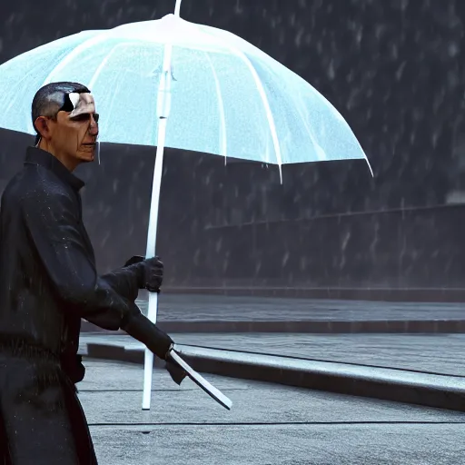 Image similar to Obama with a katana in rain ready to battle, 4k, 40nm lens, masterpiece, hyperrealistic, extreme details, unreal engine 5, cinematic,