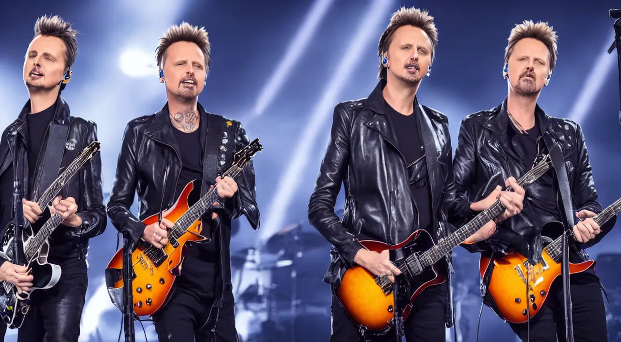 Prompt: matt bellamy and james hetfield playing on stage together, 2 0 2 2 live music video, shot on sony a 7