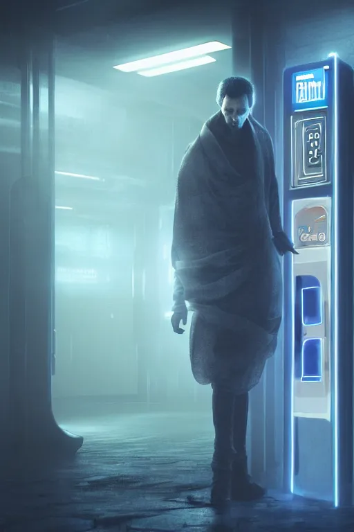 Image similar to in a dark corridor, a human in a still suite from dune in front of a snack machine and taps the keypad, his profile and face lit up by the blue neon light of the machine in front of him, blade runner style, gloomy mood, hyper-realistic environment,Epic concept art. Octane render and Unreal Engine